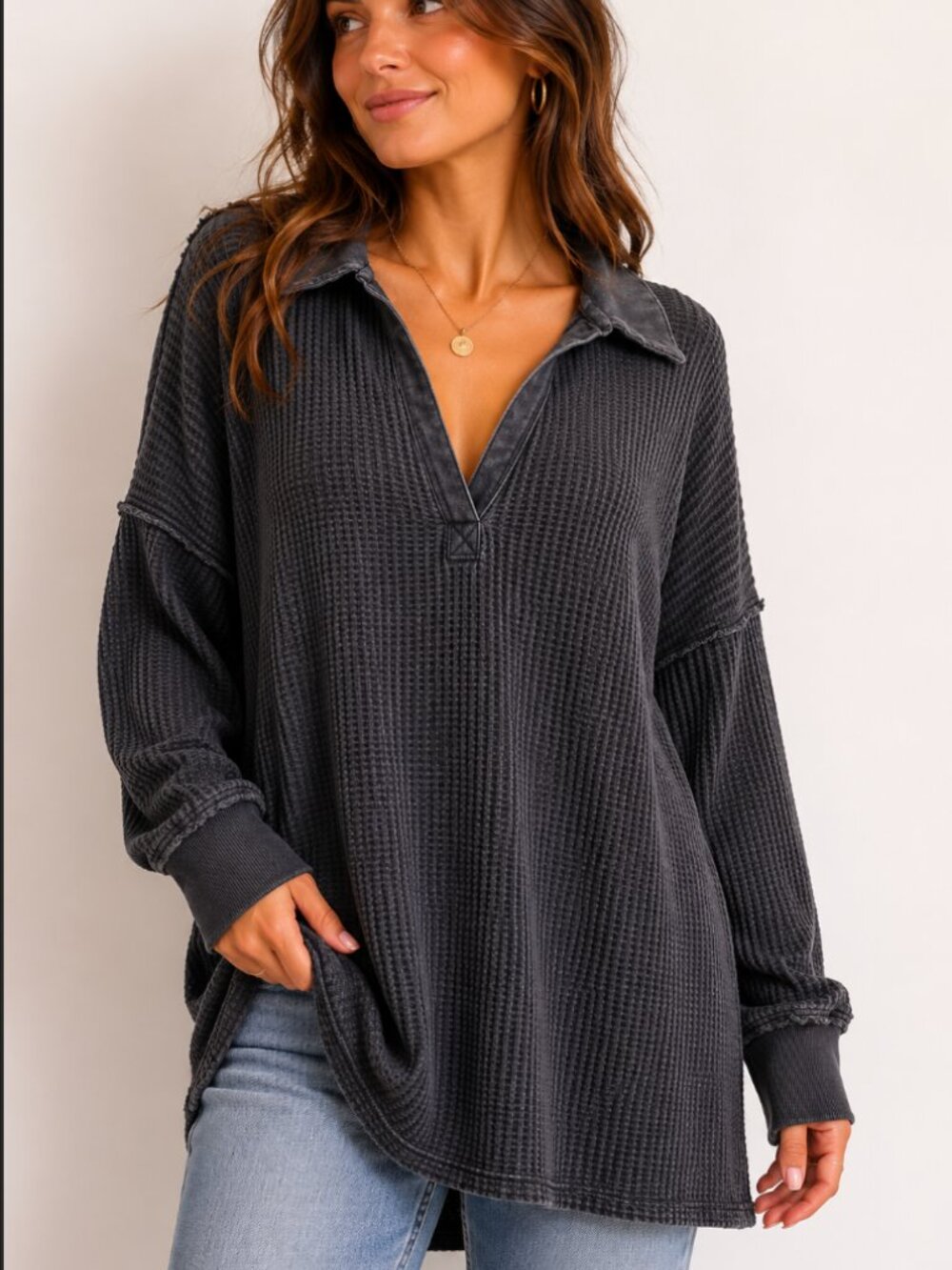 We The Free Gray Waffle Knit Pullover Sweater – Size S